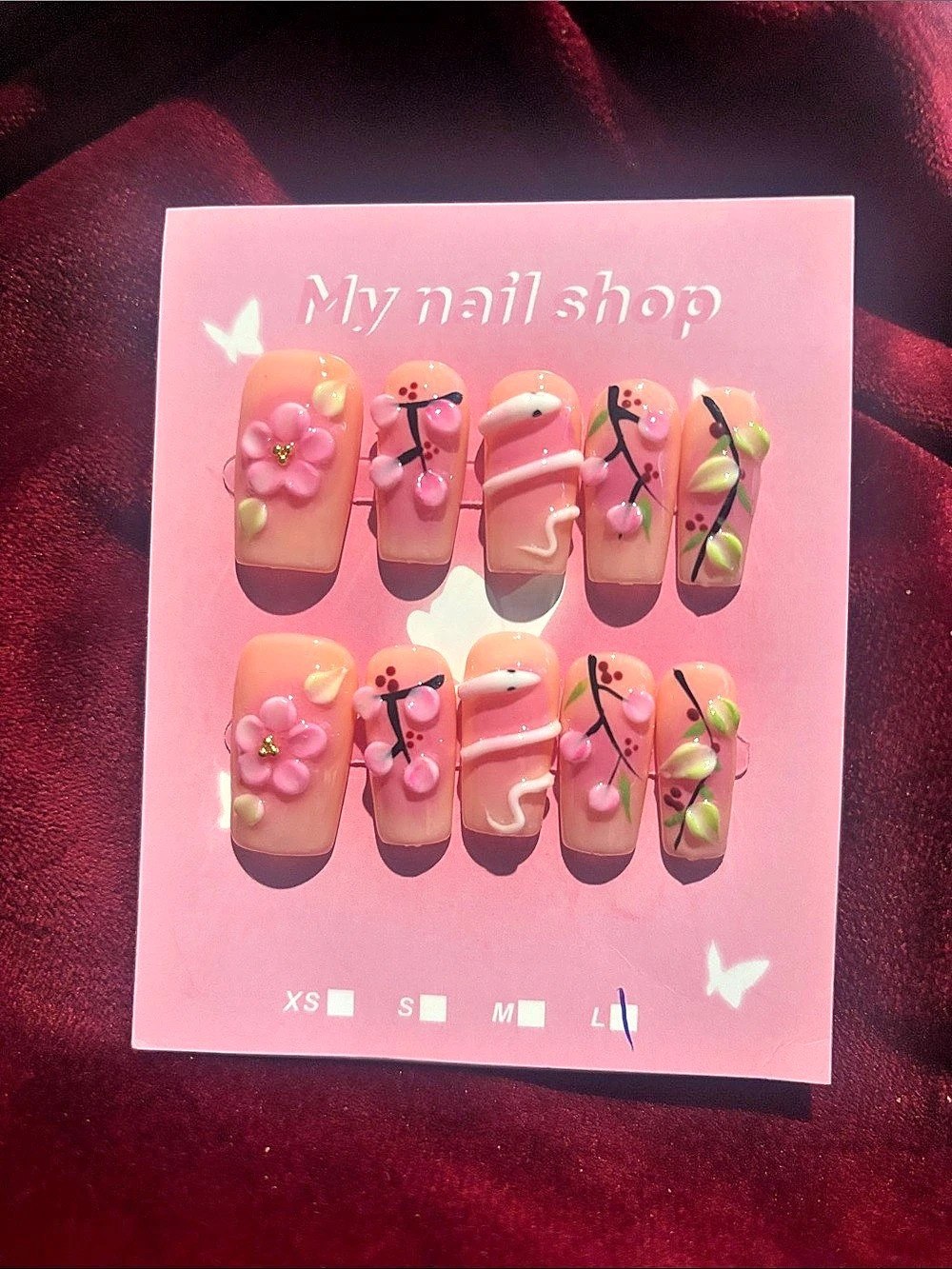 My nail shop Floral Pink & Green Press-On Nails Large